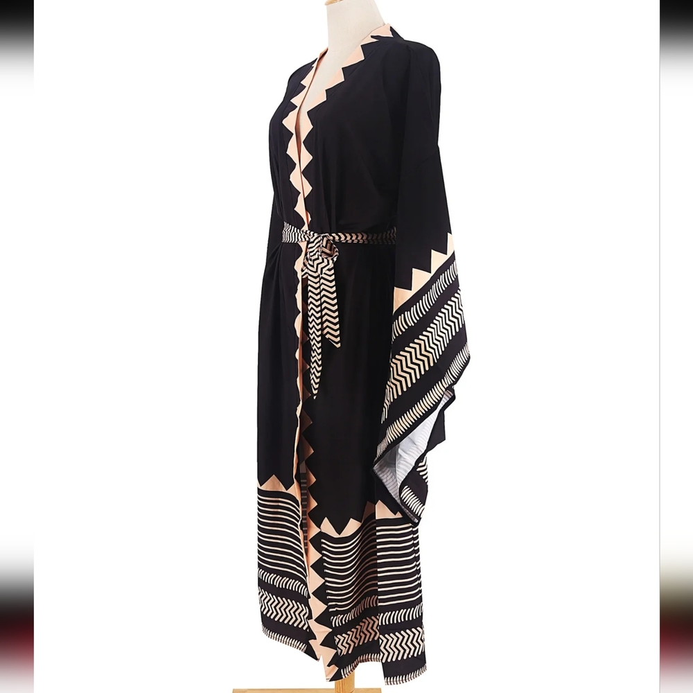 Aztec Tribal Black Bohemian Vintage Styled Kimono, Resortwear Robe Duster - Picture 7 of 8